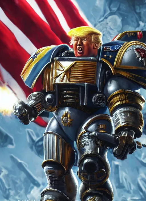 Image similar to donald trump is a space marine, hyper detailed, digital art, trending in artstation, cinematic lighting, studio quality, smooth render, unreal engine 5 rendered, octane rendered