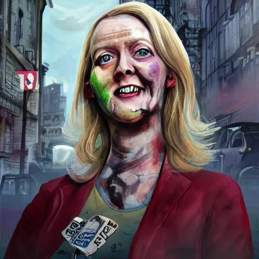 Image similar to painting of liz truss in racoon city full of zombies, hd, 4 k, 8 k artstation,
