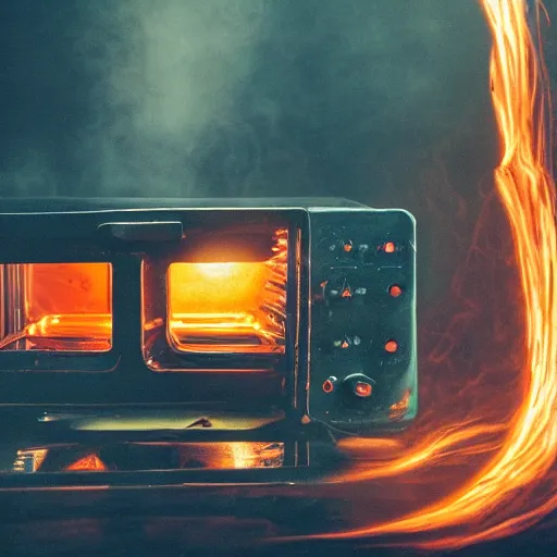 Image similar to toaster oven hangig by metallic cables, symmetry, dark messy smoke - filled cluttered workshop, dark, dramatic lighting, orange tint, sparks, cinematic, highly detailed, sci - fi, futuristic, movie still