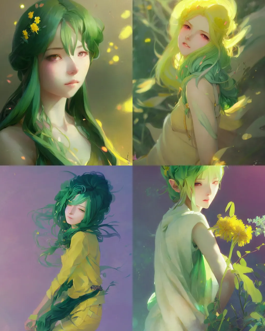 Image similar to girl with green hair and yellow clothing, flower decoration on the background, a beautiful half body illustration, top lighting, perfect shadow, soft painting, art by hidari and krenz cushart and wenjun lin