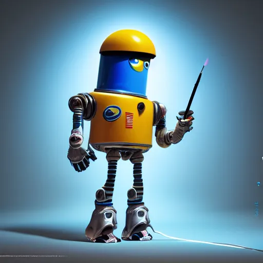 Image similar to space robot holding multiple paintbrushes, painting a canvas, cute pixar photorealism 4 k, octane render, clean design, beautiful light
