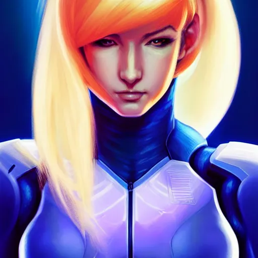 Image similar to head and shoulders portrait of Zero Suit Samus, semi realistic, digital illustration, professional game art, medium shot, intricate, elegant, highly detailed, digital painting, volumetric light, artstation, concept art, smooth, sharp focus, artstation, art by Fernanda Suarez and Greg Manchess and Sachin Teng