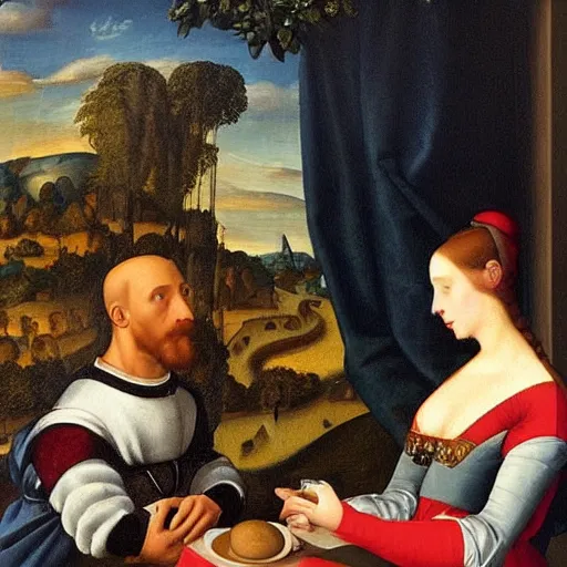 Prompt: A beautiful classic painting of a man and woman having a tinder date during the Renaissance