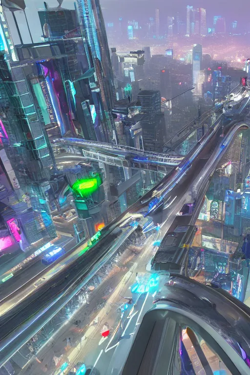 Image similar to a futuristic cyberpunk los angeles with flying traffic and mega structures