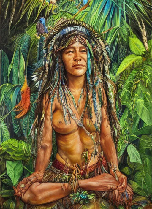 Prompt: a beautiful painting of an amazonian shaman healer sitting in the jungle, doing a prayer, ayahuasca, high detail painting, fantasy art, highly detailed, realistic face,full body, starry sky, canopee