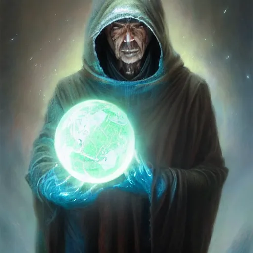 Image similar to the creator of worlds wearing a cloak and holding a holographic planet projection in his hand, face covered in cloth, detailed, sci - fi, digital painting, artstation, sharp focus, illustration, ominous, artgerm, tomasz alen kopera, peter mohrbacher, donato giancola, joseph christian leyendecker, wlop, frank frazetta