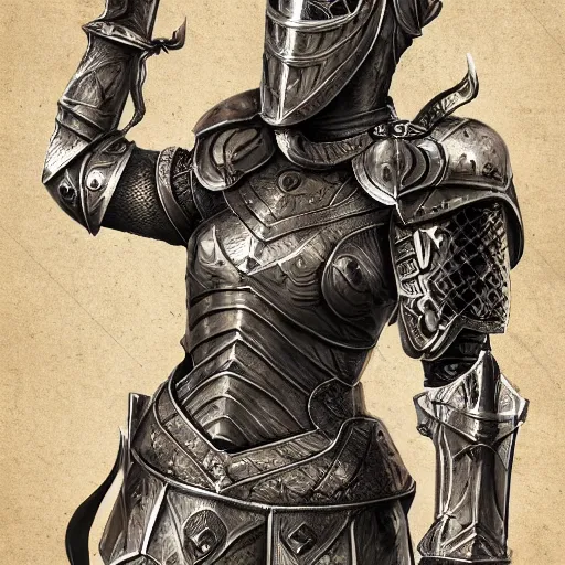 Prompt: female knight, intricate etched armor, standing astride a gate, artstation, in the style of Lucia Hsiang, clean