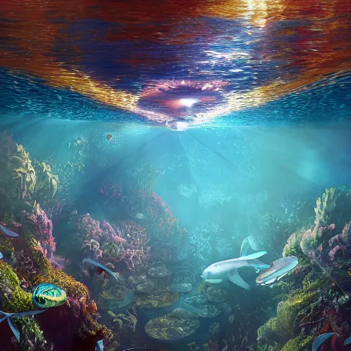 Image similar to A beautiful very hyper realistic detailed matte painting of an underwater scene in very clear water of a very shiny detailed submarine control panel made of iridencent motherboards, by Sparth and Jeff Simpson and beeple and Ansel Adams ,2d,2d format,in 2d,in 2d format,flat image, clearest water in the world,soap bubbles,bubbles,soap foam,iridencent water, octane render,unreal engine render ,octane render,redshift render de-blur,deblur,blur0,blur:0,boken 0,boken:0,boken zero,no boken,antialiased 16x,blur nothing