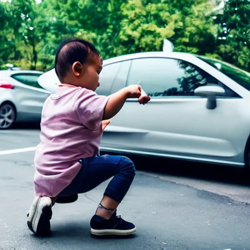 Prompt: a baby lifting a car