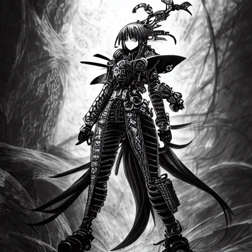 Image similar to a vertical portrait of an anime character in a scenic environment by yoshitaka amano and nihei tsutomu, black and white, dreamy, steampunk armor, highly detailed