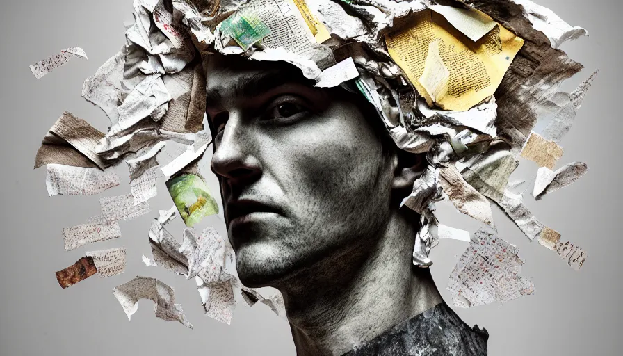 Prompt: rendered in blender trash bag on his head and crumpled paper as a texture, collage paper and tape, slit - scan photography, high resolution, cinematic, unreal 6, breathtaking detailed, by blake neubert