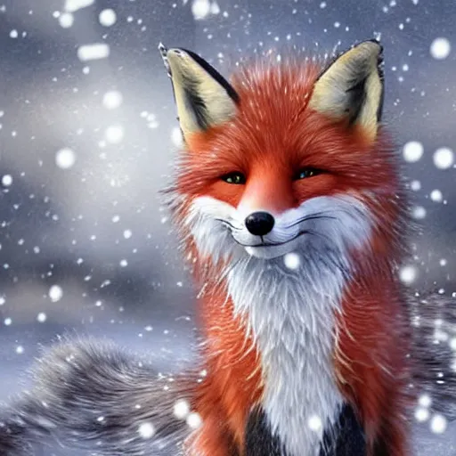 Prompt: well fluffy fox, snow, photo, photorealistic, snowflakes