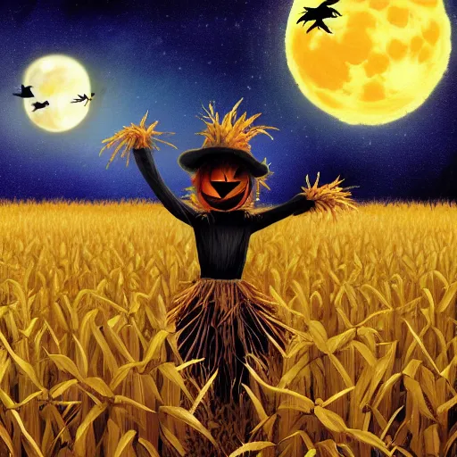 Image similar to a scarecrow dances in a cornfield on a full moon, dark atmosphere, vivid color, highly crazy detailed, digital painting, artstation, concept art, matte, sharp focus