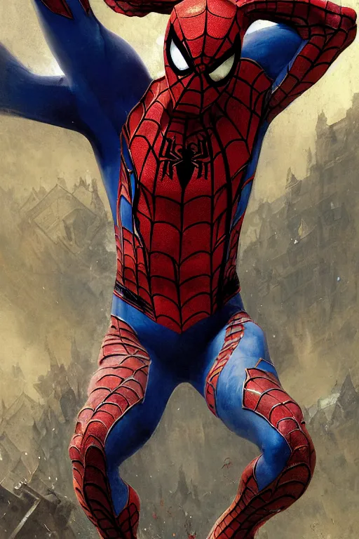 Image similar to spiderman, legendary warrior, heroic fighter, world of warcraft, decorative ornaments, battle armor, by carl spitzweg, ismail inceoglu, vdragan bibin, hans thoma, greg rutkowski, alexandros pyromallis, perfect face, sharply focused, sharply detailed, centered, rule of thirds, realistic shading