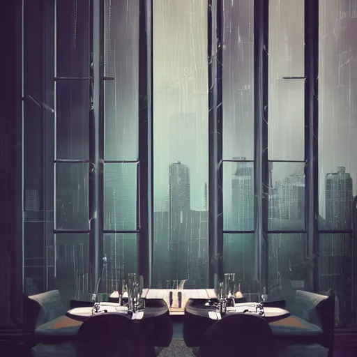 Image similar to modern high end designer restaurant at night in the foggy rain, symmetrical art deco office building with accent lighting, moody, epic composition, professional photograph, highly detailed, warm lighting interior, matte painting, large windows, large statue with wings, dramatic lighting, unreal engine, pastels