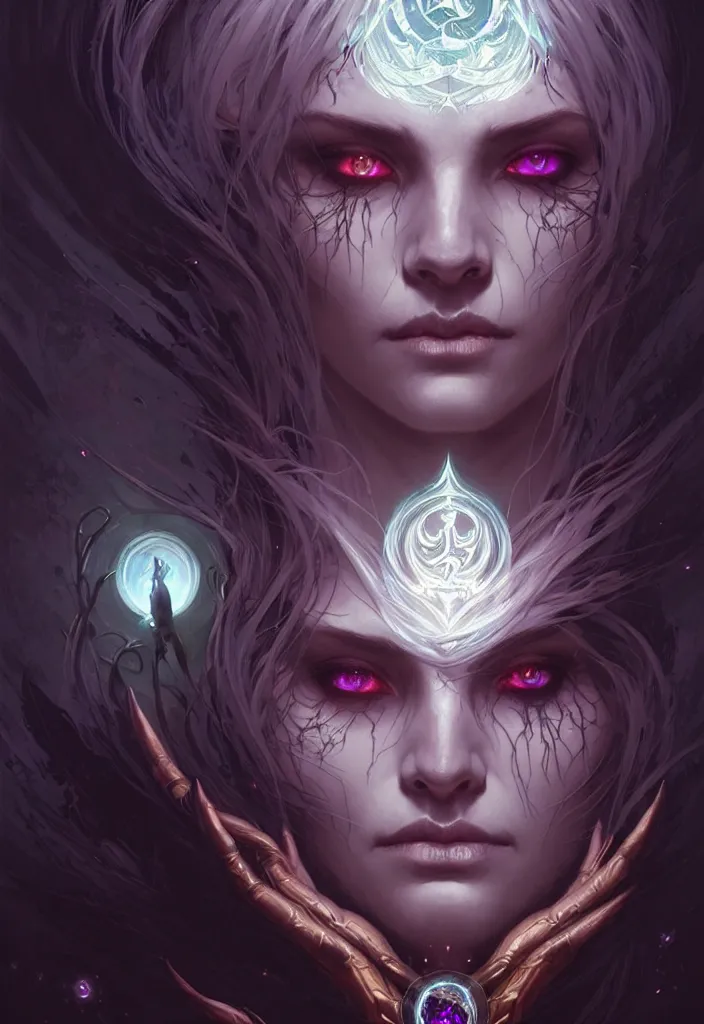 Image similar to Necromancer Sorceress face in center, fantasy magic, undercut hairstyle, dark light night, intricate, elegant, sharp focus, illustration, highly detailed, digital painting, concept art, matte, art by WLOP and Artgerm and Greg Rutkowski and Alphonse Mucha, masterpiece