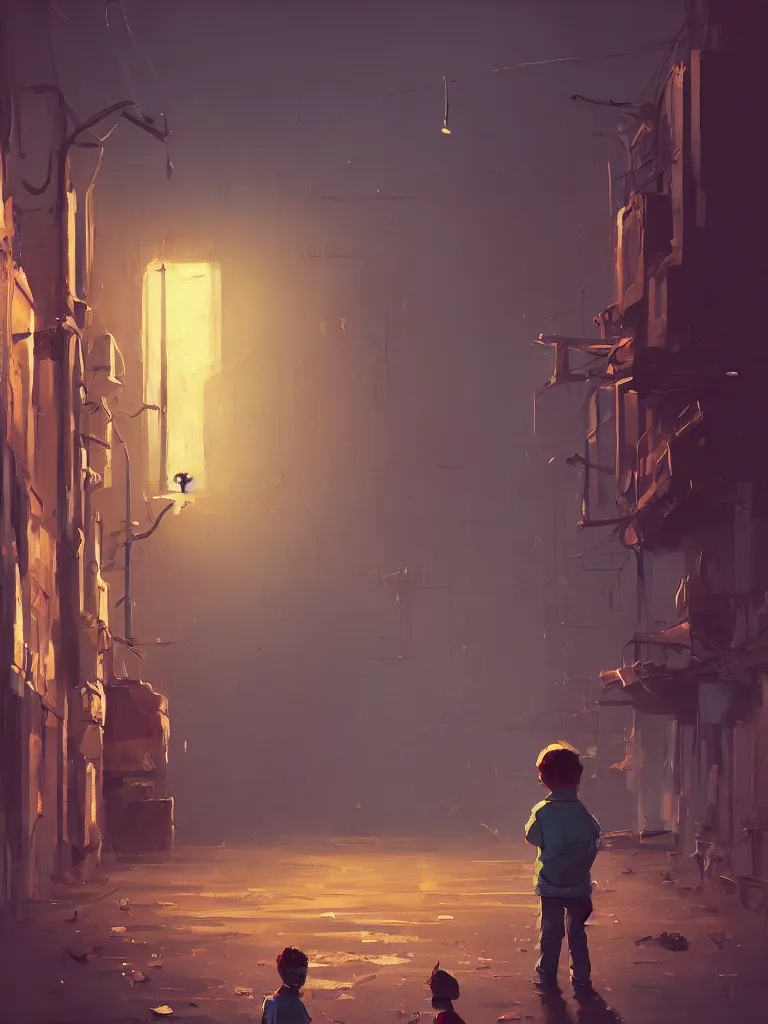 Prompt: a little boy in a dark alley in a big city a painting from stalenhag, 4 k, 8 k, hdr, artstation, concept art