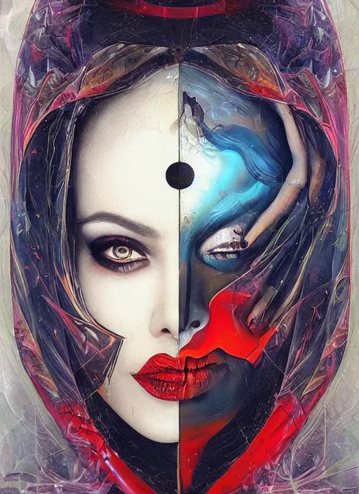 Image similar to creative magic cult psychic woman smiling, third eye concept, subjective consciousness psychedelic, epic surrealism expressionism symbolism, story telling, iconic, dark robed, oil painting, symmetrical face, dark myth mythos, by Sandra Chevrier, Noriyoshi Ohrai masterpiece