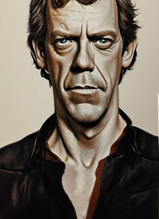 Image similar to upper body portrait of hugh laurie as han solo in star wars ( 1 9 7 7 ), wearing han solos clothes, wearing a black vest and a white shirt, hyperrealistic, very detailed painting by glenn fabry, by joao ruas, by artgerm