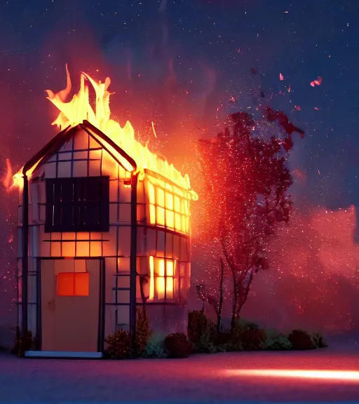 Prompt: melting, plastic house, on fire, cinematic lighting, highly detailed 8 k