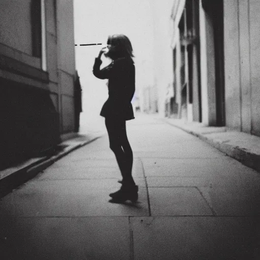Image similar to instant photograph of a woman smoking in the streets, polaroid, rule of thirds, nostalgic, modern clothing, raw, light leak