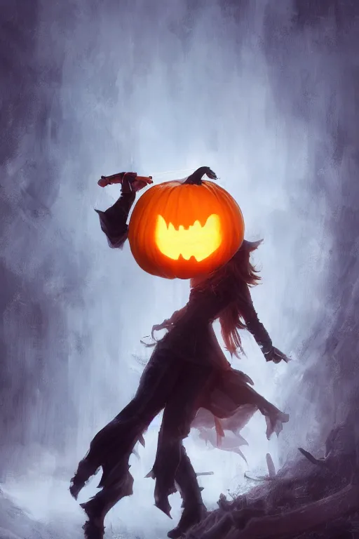 Prompt: portrait of headless horseman holding a pumpkin, halloween night, charlie bowater, artgerm, ilya kuvshinov, krenz cushart, ruan jia, realism, ultra detailed, 8 k resolution