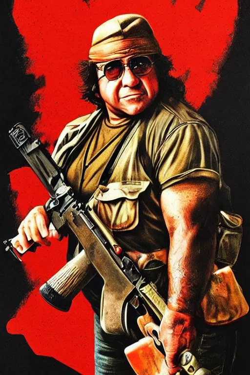 Prompt: danny devito is rambo, 1 9 7 0 s movie poster, vibrant art, trending on artstation