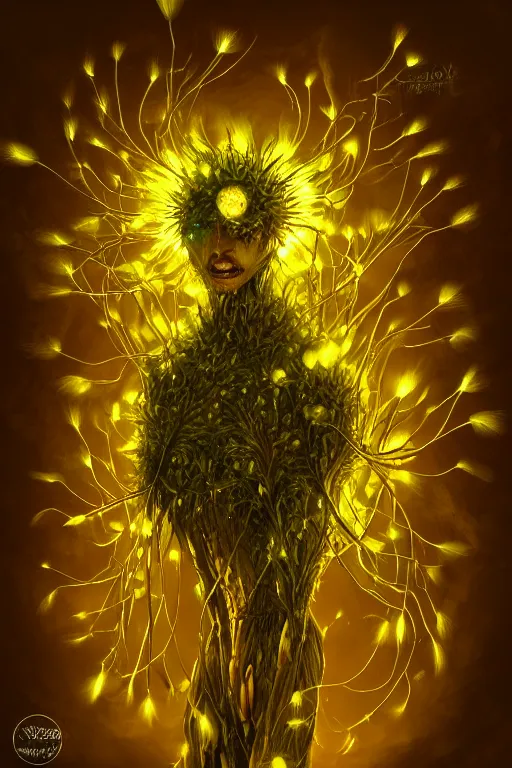 Prompt: a humanoid figure dandelion plant monster, amber eyes, highly detailed, digital art, sharp focus, ambient lighting, glowing, trending on art station, anime art style