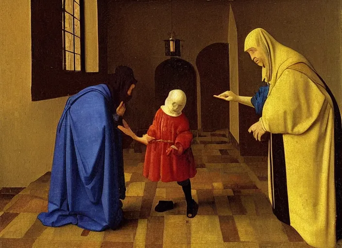 Image similar to A medieval old woman healer treats a boy with herbs, medieval painting by Jan van Eyck, Johannes Vermeer, H 1200