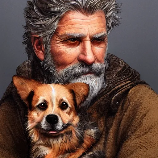 Image similar to close up portrait of a old, ruggedly handsome bearded man holding corgi dog, soft hair, muscular, half body, cloth, d & d, fantasy, intricate, elegant, highly detailed, digital painting, artstation, concept art, smooth, sharp focus, illustration, art by artgerm and greg rutkowski and alphonse mucha