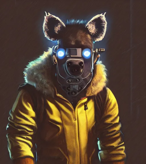 Prompt: new york city portrait icon of furry anthro anthropomorphic spotted hyena head animal person fursona wearing clothes strange cybernetic cyborg muzzle gloomy rainy screenshot from the video game cyberpunk 2077 digital art by Greg Rutkowski, Simon Stalenhag, christopher nolan trending on Artstation, CGSociety