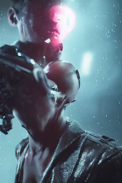 Prompt: vfx film, vaporwave space pirate destiny prototype technology, blade runner mad max cyborg, translucent skin revealing skull, biotech thief, flat color profile low - key lighting award winning photography arri alexa cinematography, hyper real photorealistic cinematic beautiful natural skin, famous face, atmospheric cool colorgrade