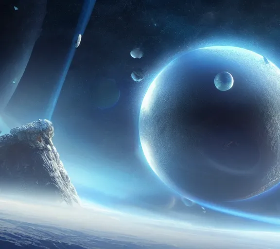 Prompt: vast beautiful epic realistic space fantasy scene, planet with a gigantic megastructure extending out of the atmosphere, futuristic and iridescent crystals