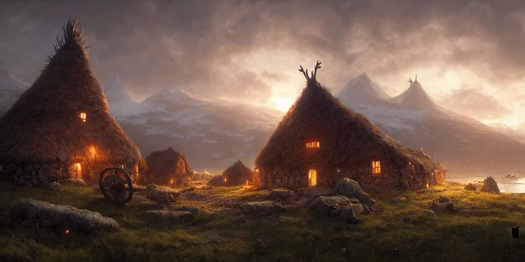 Image similar to beautiful viking village, digital art, landscape, fantasy art, octane render, ureal engine, high detail, very realistic, by greg rutkowski. by james gurney