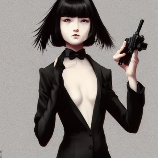 Image similar to girl in tuxedo with black chaotic wavy short haircut, elegant, 2d, ultra highly detailed, digital painting, smooth, sharp focus, artstation, art by Ilya Kuvshinov and Range Murata