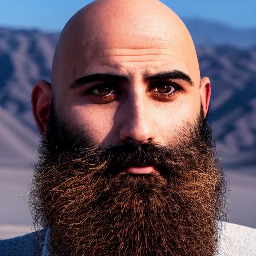 Image similar to real life photo of a Syrian man, bald head, full beard, blue watery eyes, full round face, short smile, serene desert setting, cinematic lightning, medium shot, mid-shot, highly detailed, photorealistic, 80mm, 85mm, cinematic wallpaper