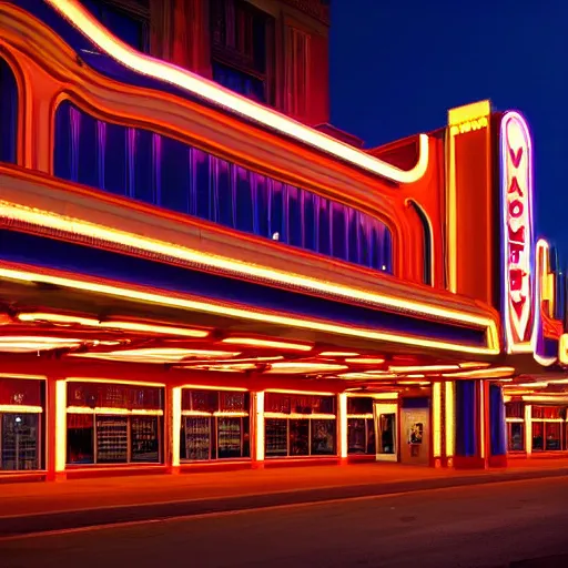 Image similar to incredible image of art deco palace movie theater from outside at night, luxury, hyper detail, hyper real,