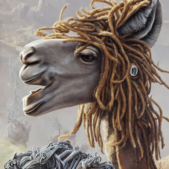 Image similar to llama with dreadlocks, industrial sci-fi, by Mandy Jurgens, Ernst Haeckel, James Jean