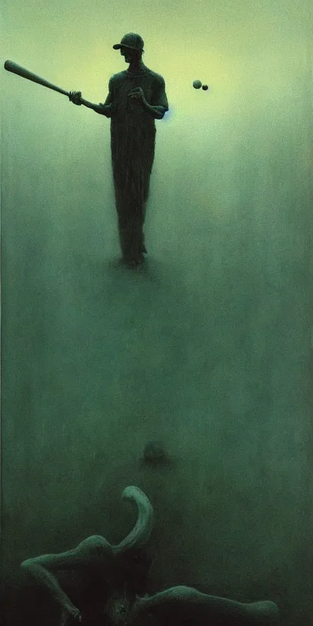 Prompt: painting of a man playing baseball with eldritch beings, by Zdzislaw Beksinski, gothic, amazing details, cold hue's, warm tone gradient background