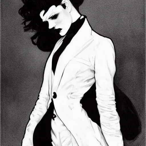 Prompt: beautiful portrait of androgynous ruby rose as desire from sandman in a white tuxedo!!!, rockabilly style,, by alphonse mucha, by jeremy mann, by peter lindbergh, cedric peyravernay, by frank moth, white suit and black tie, soft lightning, high detailed, 8 k