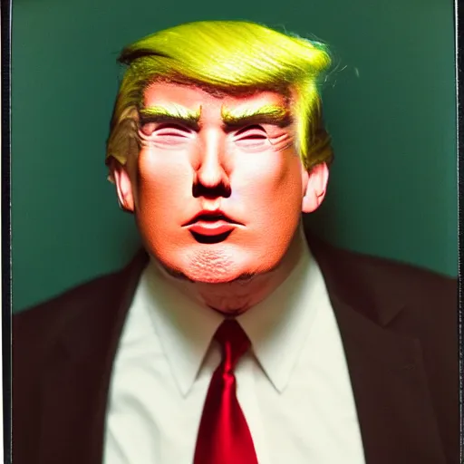 Image similar to A man wearing a Donald Trump mask at a party. Polaroid photo