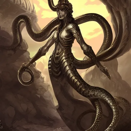 Image similar to torquoise armored medusa holding a spear, snake hair, snake hair, snake hair, medusa, medusa!, pillars background with ruined and statues, fantasy game art, fantasy rpg, league of legends