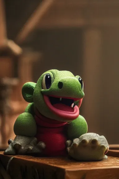 Prompt: very very intricate photorealistic photo of a realistic version of yoshi in an episode of game of thrones, photo is in focus with detailed atmospheric lighting, award - winning details