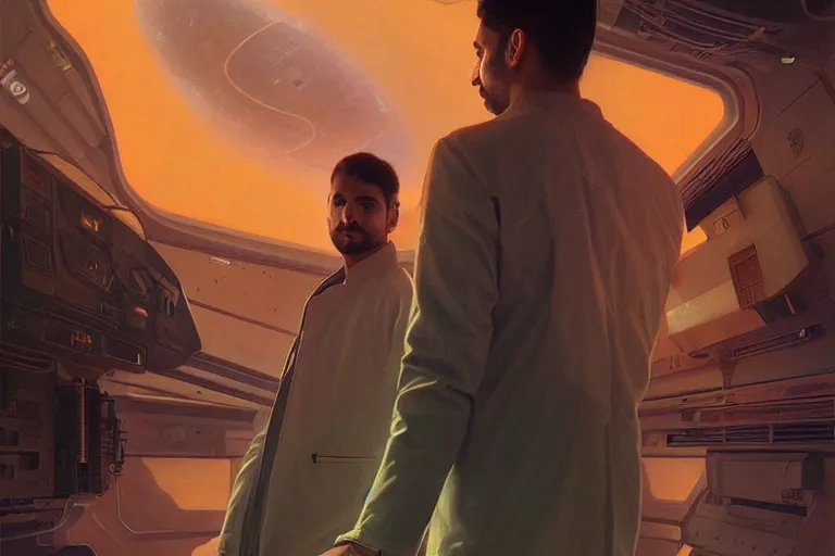 Image similar to Sensual good looking pale young Indian doctors wearing Blade Runner 2049 clothing in a space station above Earth, portrait, elegant, intricate, digital painting, artstation, concept art, smooth, sharp focus, illustration, art by artgerm and greg rutkowski and alphonse mucha