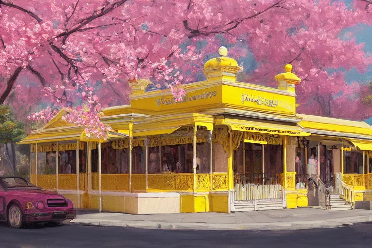 Prompt: painting of a yellow waffle house front view, rococo style, greek architecture, pink marble building, sakura trees, sakura season dynamic lighting, landscape, artwork by jeremy lipkin and giuseppe dangelico pino and michael garmash and rob rey and greg manchess and huang guangjian and makoto shinkai, pixiv, 1 0 0 mm