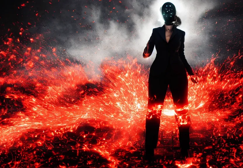 Image similar to low angle shot of a Woman made of black flames, wearing a strict business suit, with no face, with no mouth, with glowing red eyes, with a red halo over her head, with red halo, growing out of a giant rose, rose petals flying in the wind, war, authoritarian, tense, madness combat, strong dramatic cinematic lighting , blood red sky, grey skin, smooth, sharp focus, extremely detailed, illustration, digital painting, artstation, museum, sharp focus, by Godmachine and Caravaggio