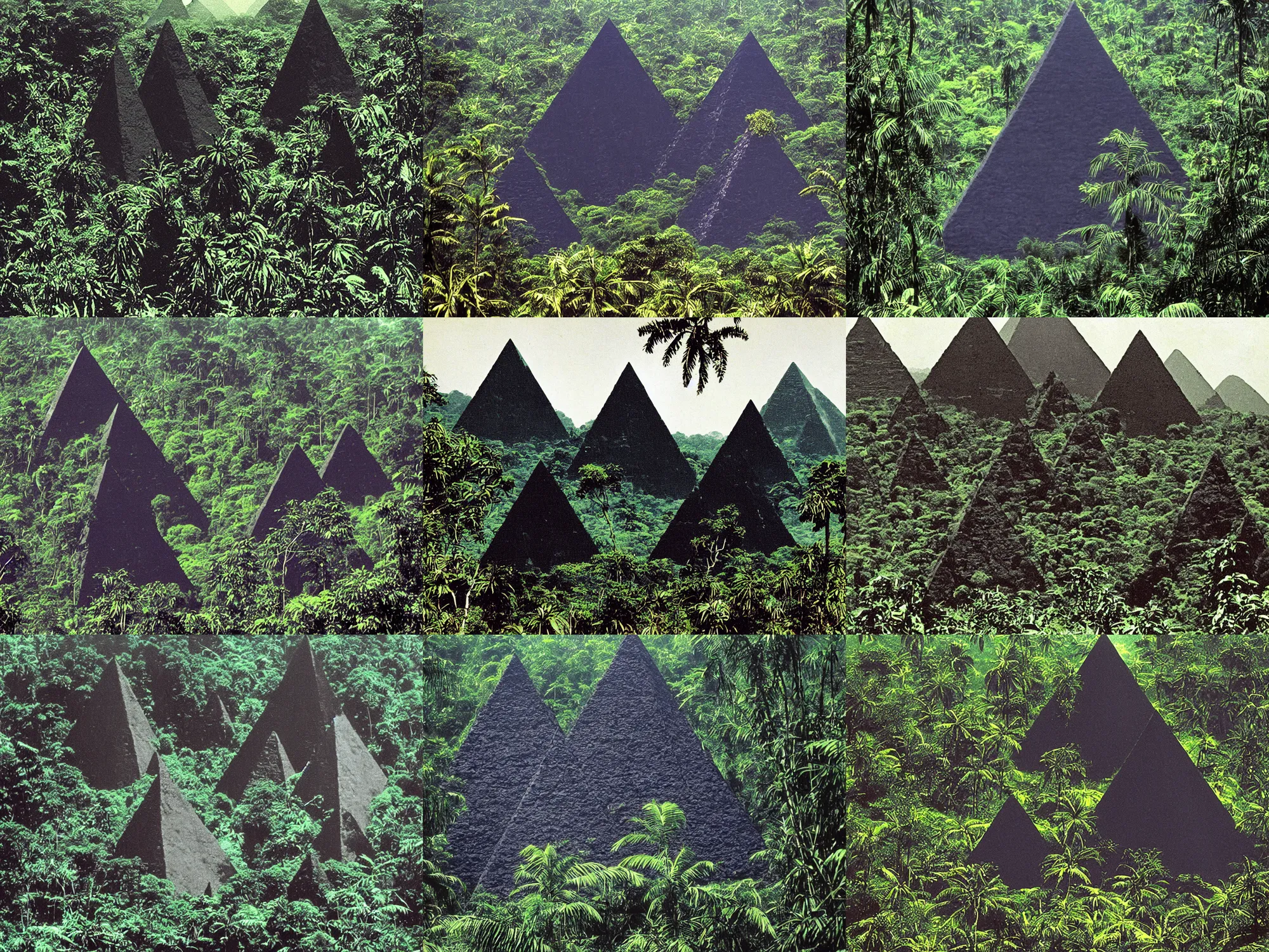 Prompt: old color photo of black pyramid in a jungle