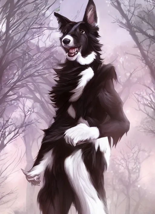 Image similar to wide angle beautiful full body portrait of a cute male anthropomorphic anthro border collie fursona in a park, character design by charlie bowater, henry asencio, and ross tran, disney, anime, scenic background, detailed, glamor pose, aesthetic, trending on artstation, furaffinity, deviantart