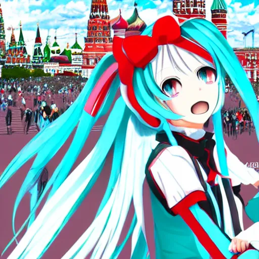 Image similar to hatsune miku on the moscow red square, high detailed anime art, trending on pixiv