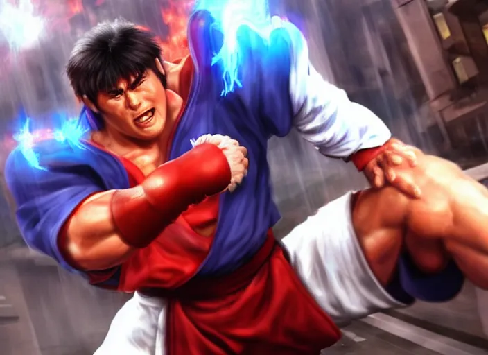 Image similar to action shot of ken barlow as ryu from Street fighter, ultra realistic, detailed, cinematic, concept art, digital art,